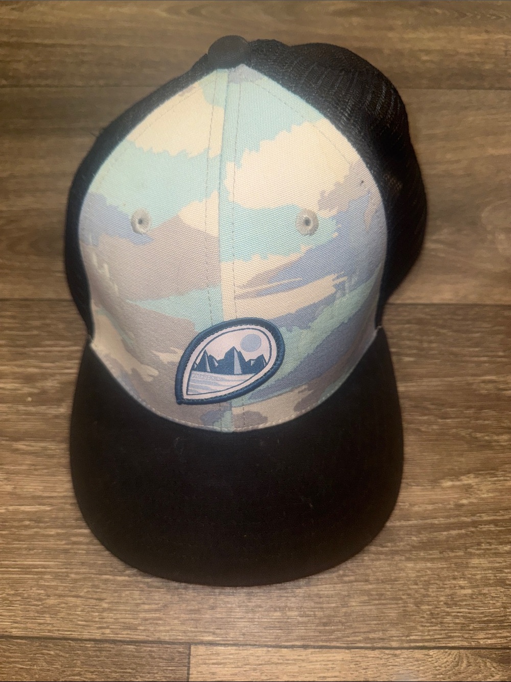 Patagonia Men’s Trucker Hat in Black Brim and Blue Camo Front